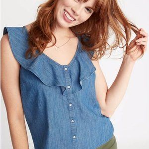 Denim ruffle tank button down
